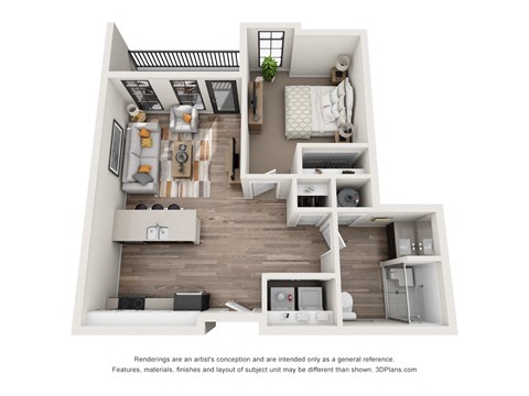 1 bed 1 bath floor plan P at 1400 Russell Apartments, Missouri